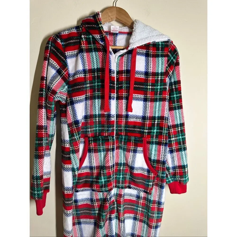 Holiday Time Red White and Green Plaid Pajama One Piece Size XS New